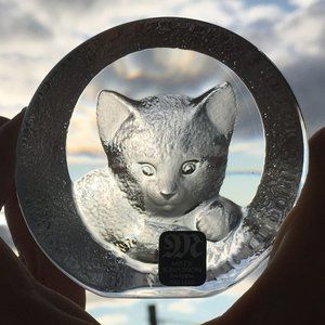 Full Lead Crystal Etched Kitten Sculpture Signed Mats Jonasson Sweden 9176